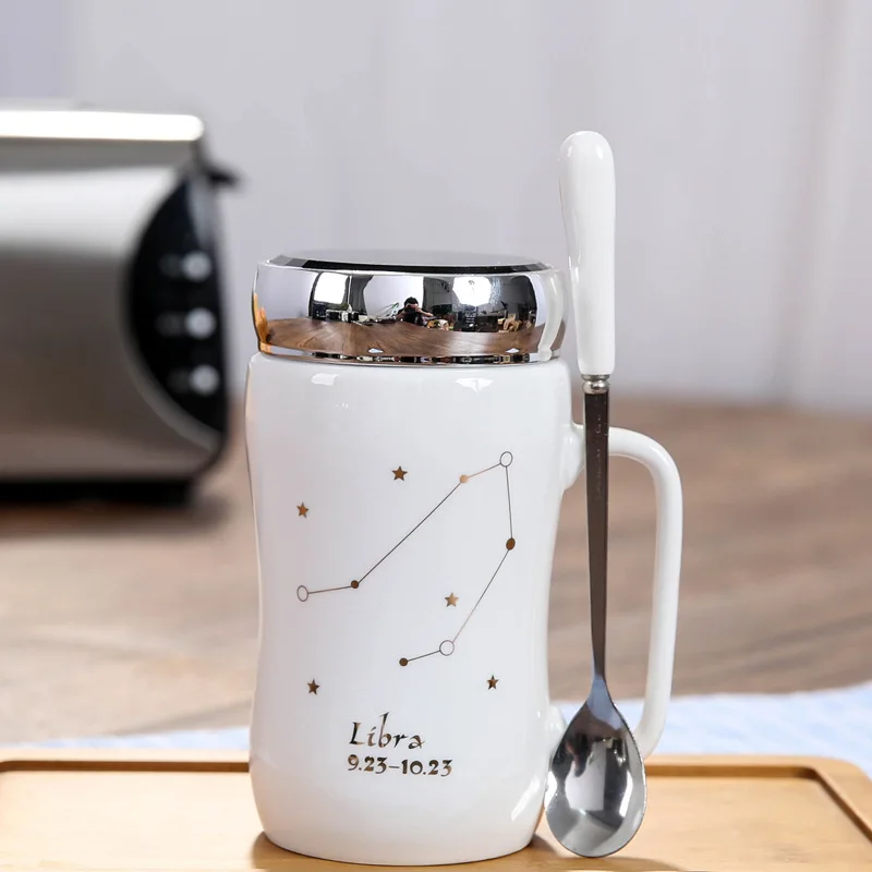 JOUDOO креативная керамическая кружка с двенадцатью созвездиями короткая кофейная посуда чашка офисная кофейная чайная керамическая бутылка кружки с крышкой ложки - Цвет: WT7