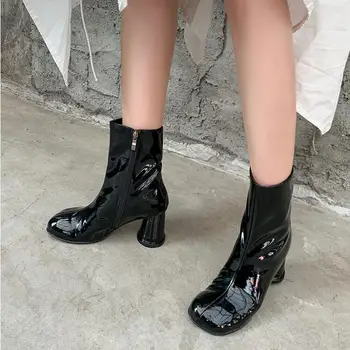 

Side zipper Black Patent Leather Ankle Boots Stylish Round Heel Street Fashion Shoes Winter Boots Women