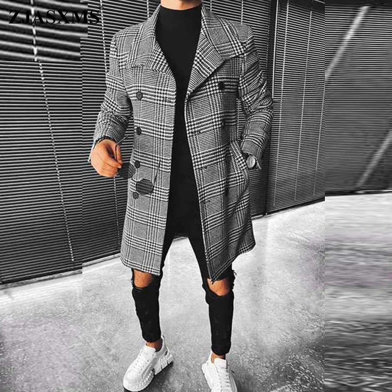 Casual Lapel Button Plaid Men's Double-Breasted Jacket Coat Autumn Print Long Top Cardigan Winter Sleeve Warm Outwear |