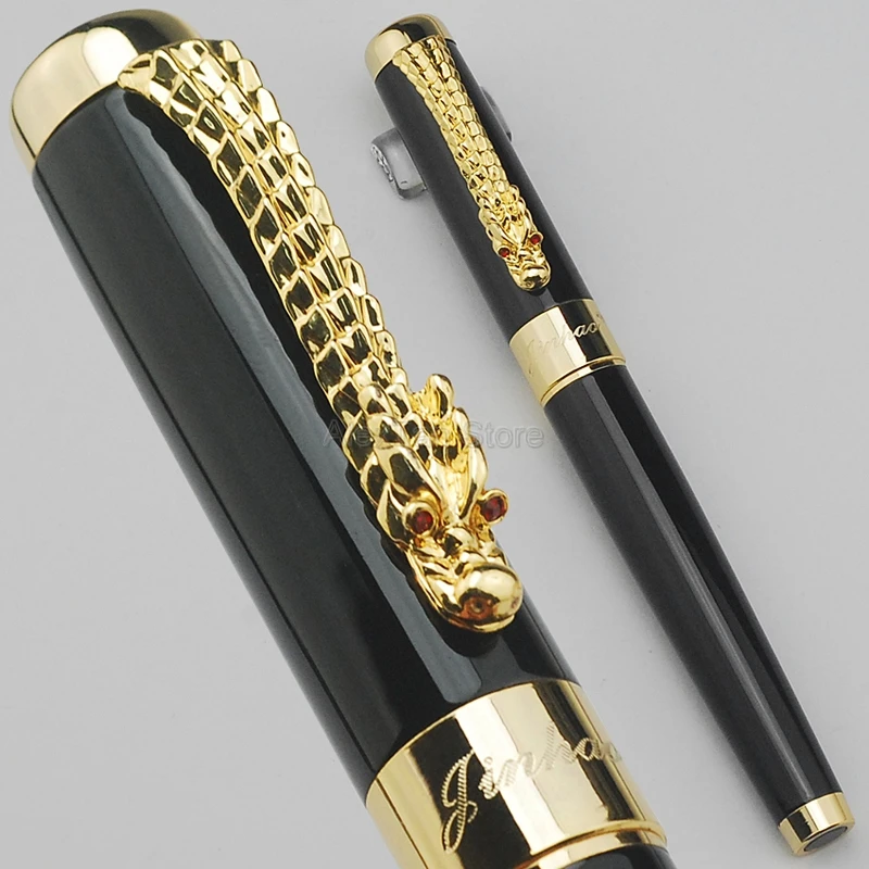 

Jinhao 1200 Vintage Pocket Portable Fountain Pen Dragon Clip, Black Metal Carving Ink Pens Professional Supplies