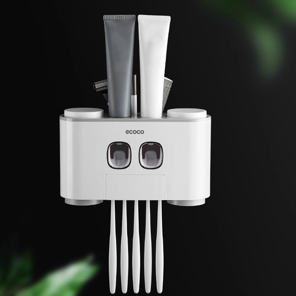 Настенный держатель для зубных щеток ECOCO с 2 дозаторами зубной пасты 4 чашечками и