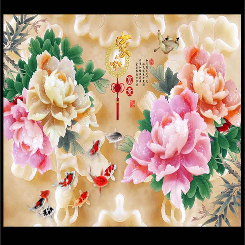 

3DCustomized wallpaper mural Chinese style natural scenery with peony flower jade carving behind sofa as background livingroom