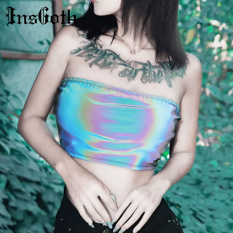 InsGoth цветной, отражающий топики голографическая шнуровка с вырезами без бретелек укороченный Топ для женщин уличная вечерние сексуальный топ Camiseta