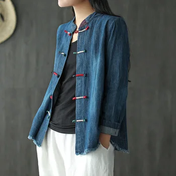 

Cotton Denim Embroidered Button Shirt Spring New Artistic Retro Loose All-match Long-Sleeved Shirts