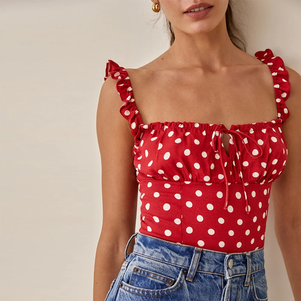

Polka Dot Casual Summer Tops For Women 2021 Square Neck Tie Sleeveless Frill Strap Crop Top Back Smocked Fitted Sexy Cami Top