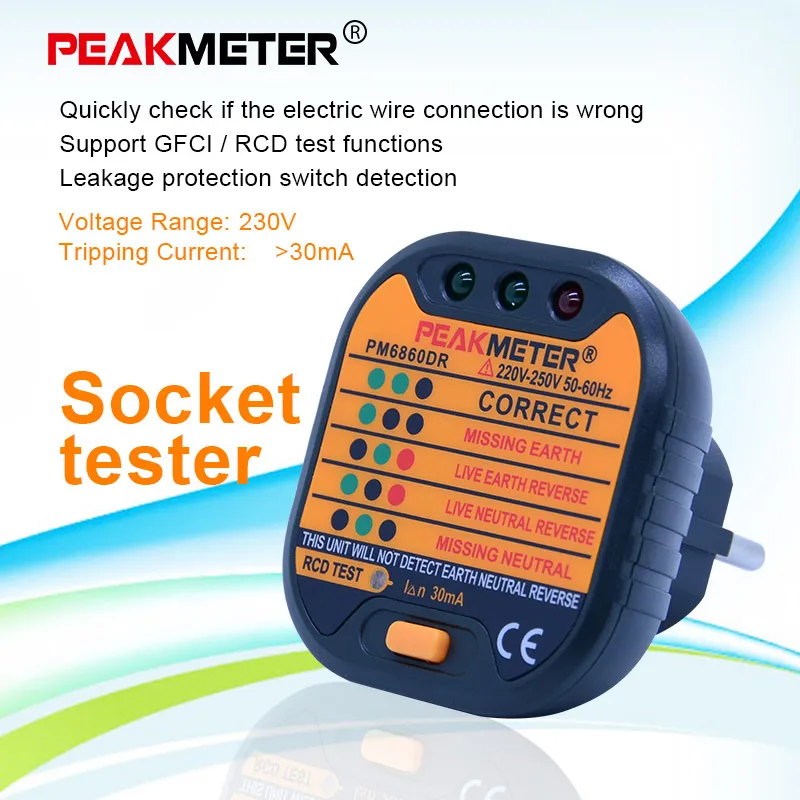 100% Оригинальный PEAKMETER серия PM6860 тестер розетки 110 В/220 В с GFCI RCD тестирование