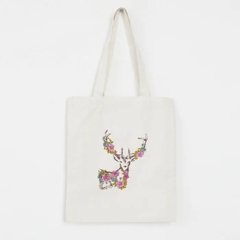 

Canvas Handbag Deer Flower Cartoon Print Kawaii Casual Eco Purse Pouch Shoulder Reusable Shopper Bag Fashion Cloth Foldable