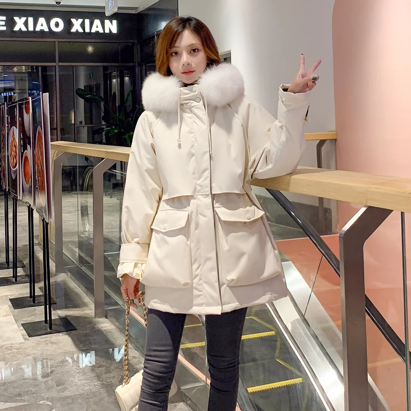Новая зимняя куртка, Женская Толстая теплая парка с капюшоном, Дамское длинное пальто с подкладкой, женская пуховая стеганая куртка, белая пуховая куртка