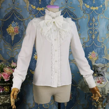 

New Lolita Sweet Dress For Women Long Sleeve Lace Bow Shirt Black/White Lolita Blouse Gothic Victorian Renaissance Dress VO827