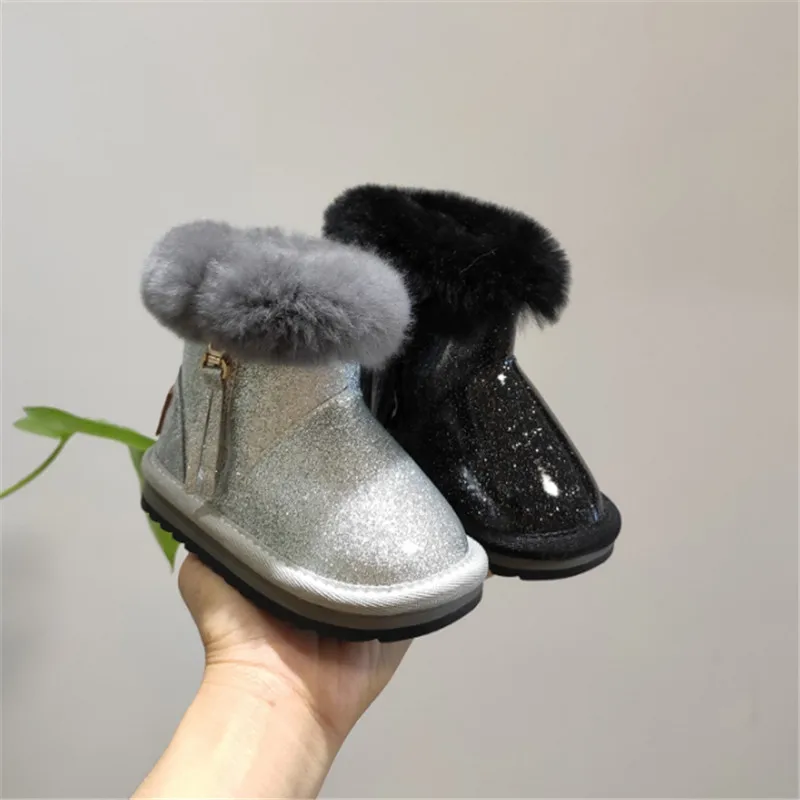 

2019 Winter Children Snow Boots Waterproof Bright Leather Girls Boots Thick Fur Warm Baby Toddler Shoes EU 22-25