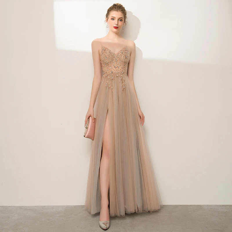 

Sexy Sheer Prom Dresses For Teens Champagne Tulle A Line Beaded Spaghetti Strap Formal Dresses Sleeveless High Slit Evening Gown