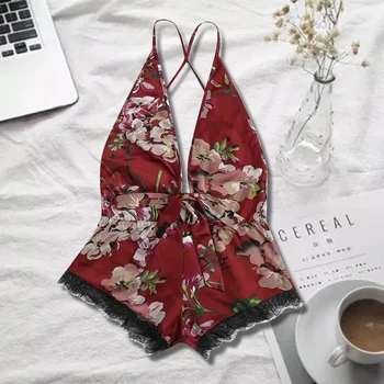 

Women Lace Lingerie Jumpsuit Floral Sleepwear 1-piece Pajama Deep V-neck Bow Lace-up Printed Loose Jumpsuit Nightclothes