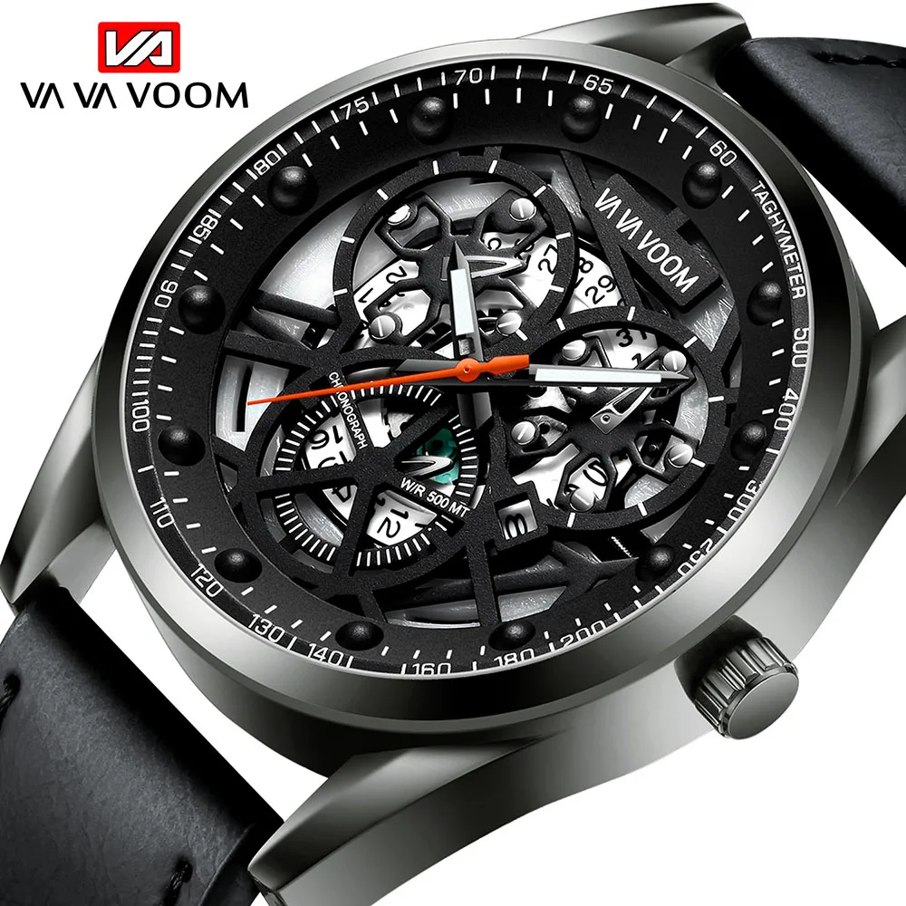 

New Creative Skeleton Analog Quartz Watch Men Black Leather Strap Business Wristwatch Waterproof Sports Watch Top Brand Luxury