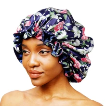

Women Floral Print Double Layer Satin Bonnet Ruffles Band Reversible Adjustable Large Size Sleeping Cap Head Cover Hat Hair Wrap