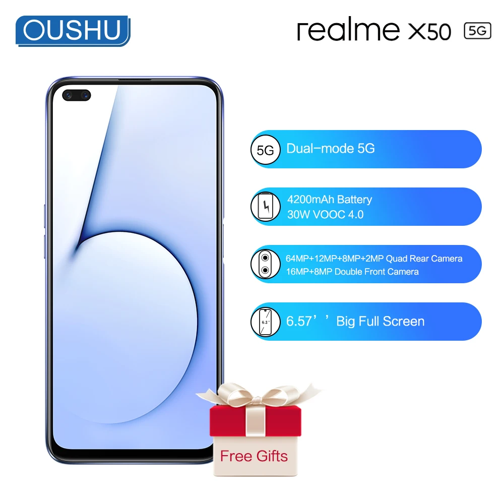 

OPPO newest realme X50 5G smartphone Android 10.0 Snapdragon 765G Octa Core 64MP Quad Rear Camera 30W Super VOOC 6.57'' Celular