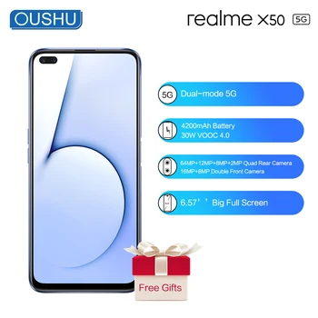 

OPPO newest realme X50 5G smartphone Android 10.0 Snapdragon 765G Octa Core 64MP Quad Rear Camera 30W Super VOOC 6.57'' Celular
