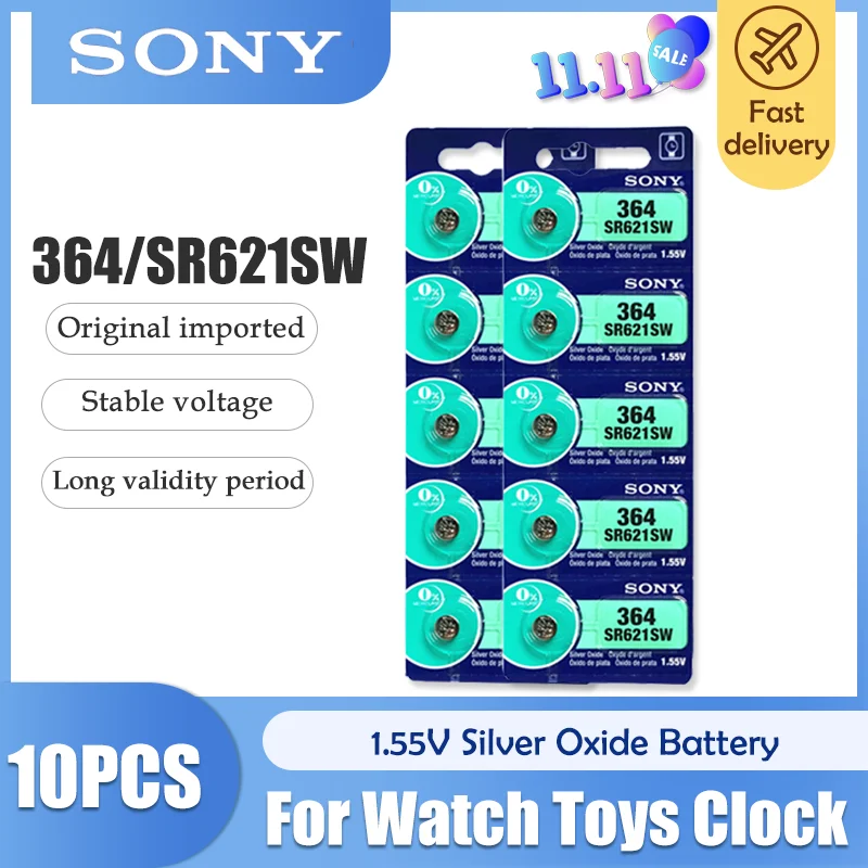 10 шт./лот аккумулятор для часов Sony 364 100% оригинал 1 55 в с оксидом серебра SR621SW V364 SR60