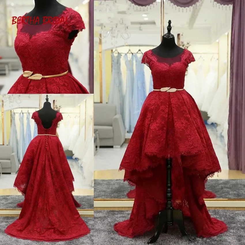 Burgundy Long Prom Dresses Scoop Neck Cap Sleeves Lace High Low Prom Dress Elegant Evening Dresses