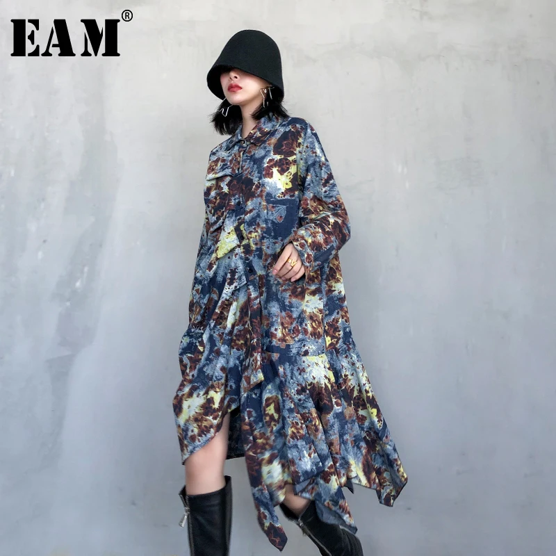 

[EAM] Women Pattern Printed Asymmetrical Big Size Dress New Lapel Long Sleeve Loose Fit Fashion Tide Spring Autumn 2020 1R661