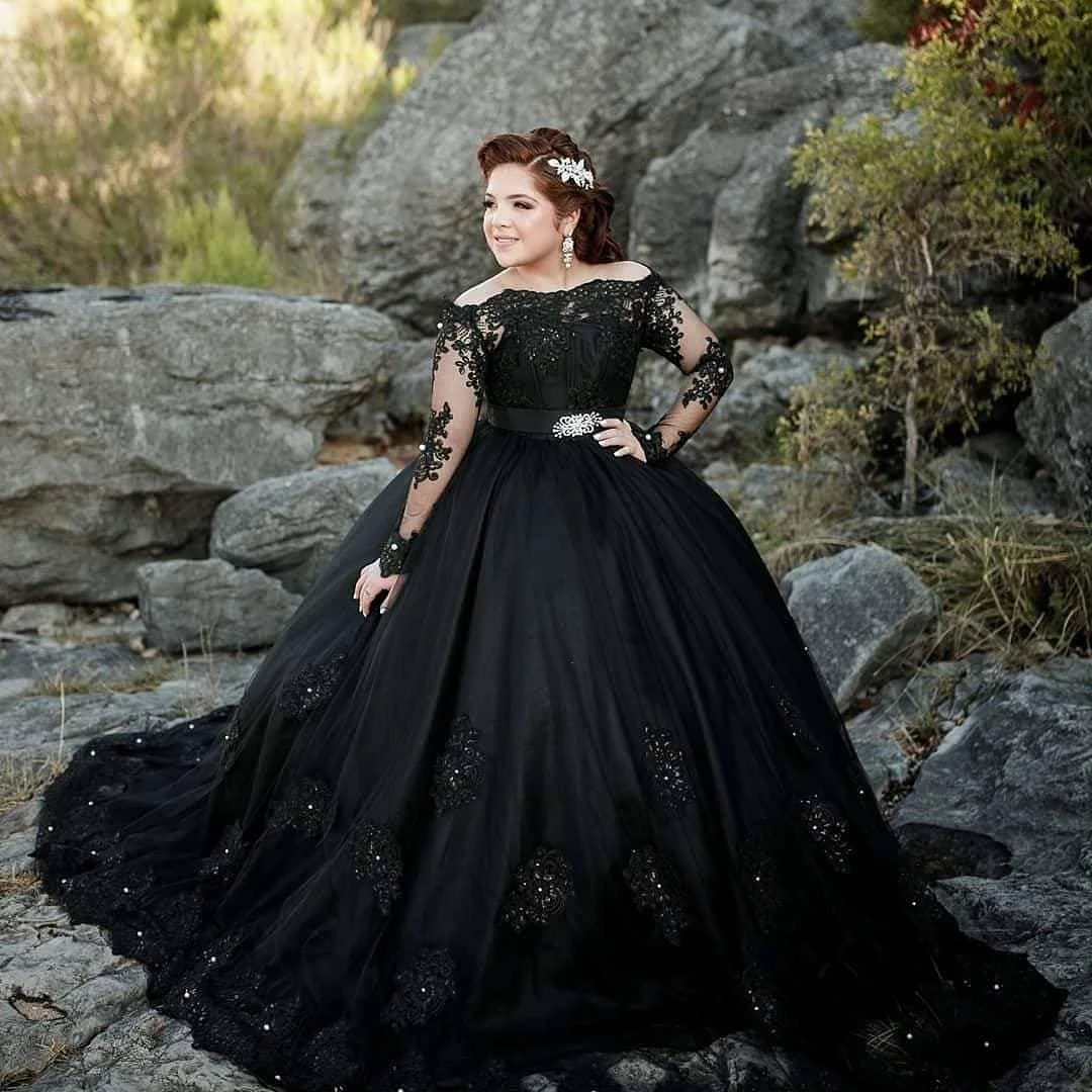 Puffy Black Ball Gown Gothic Wedding Dresses Off The Shoulder Beaded ...