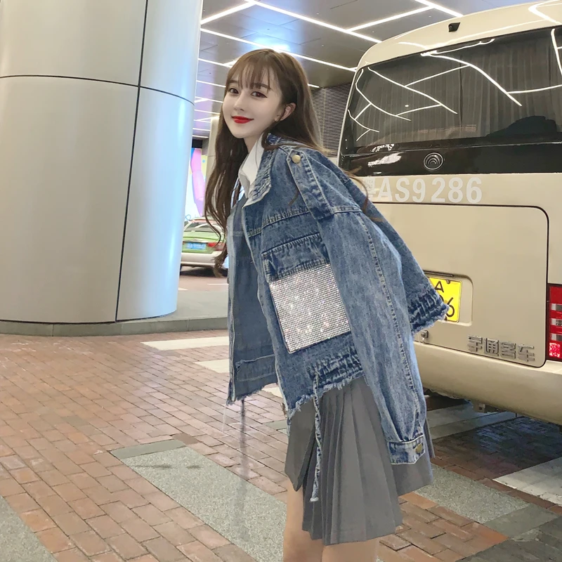 SexeMara fashion The New Loose Hot drilling pocket Drawstring Burr cowboy jacket Free shipping