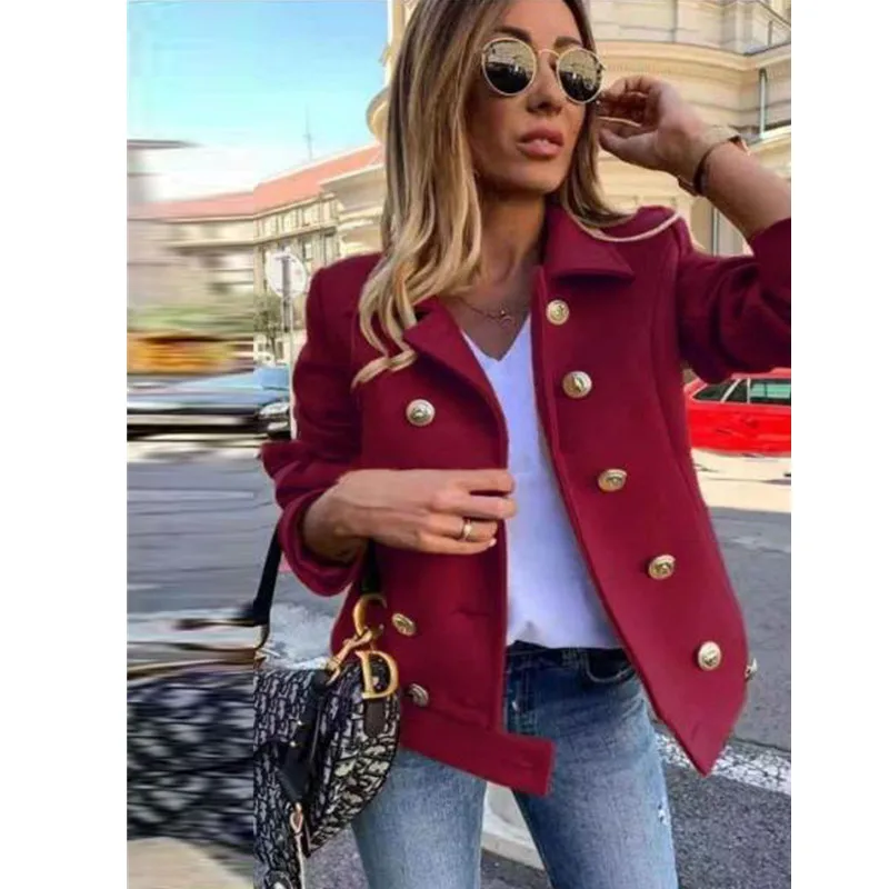 

Autumn Women Short Wool Coats Blend Long Sleeve Jackets Winter Double-breasted Solid Color Gray 2021 Loose Casual OL Short Wools