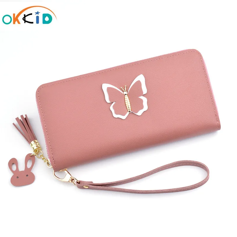 Длинный кожаный кошелек OKKID для девочек женский на запястье телефона женские