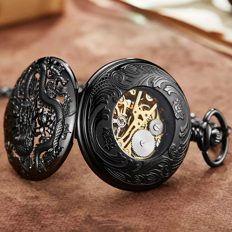 Roman Numeral Dragon Mechanical Pocket Watch Antique Steampunk Skeleton Dial Black Fob Chain Clock for Men Women Dropshipping