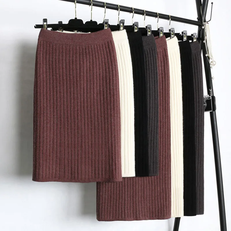 Для женщин Эластичная лента юбки 65/75 см осень-зима теплый вязаный прямая юбка женская одежда чёрный; коричневый в рубчик, средней длины, юбка