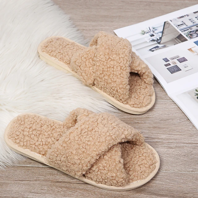 Winter Women House Slippers Faux Fur Fashion Warm Shoes Woman Slip on Flats Female Slides Black Pink cozy home  furry slippers Curly khaki
