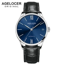 Новинка, мужские часы AGELOCER, синий циферблат, сапфиры, стекло, автоматические часы, кожа, швейцарский бренд 7074A1