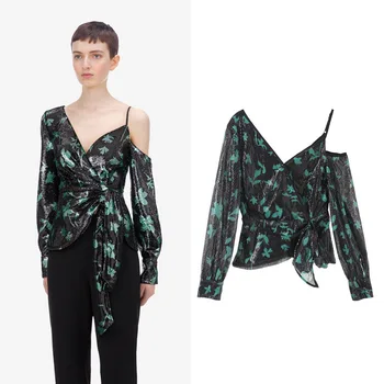 

Green leaf sub light slice caution machine sexy single shoulder sling V-neck top women's long sleeve shirt G0932