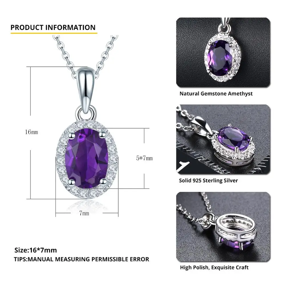 Women Jewelry Genuine 925 Solid Sterling Silver Natural Amethyst Silver Pendant