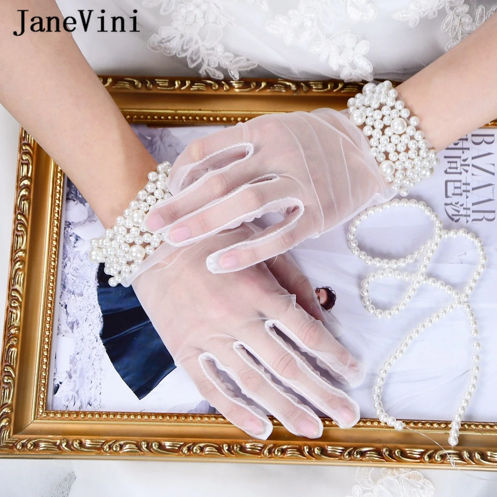 Tanie JaneVini nowe luksusowe perły białe krótkie rękawiczki damskie długość nadgarstka