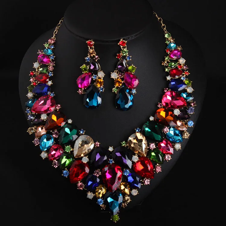 

Women's Party Crystal Jewelry Sets Statement Fashion Multi Color Waterdrop Indain Style Bridal Wedding Necklace and Earrings