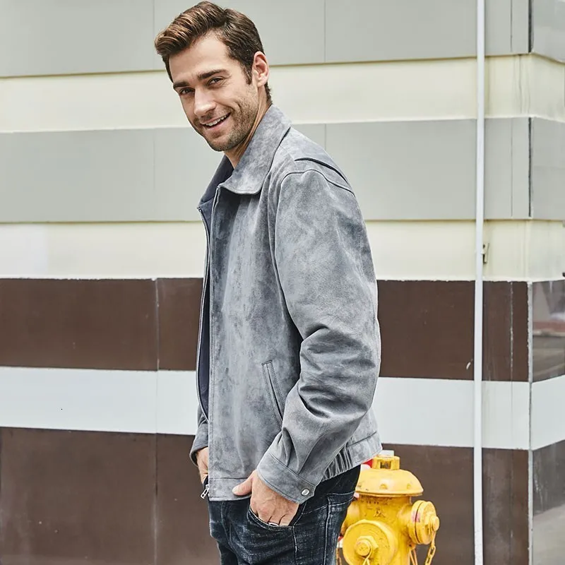 

Spring and autumn men's leather bomb jacket cut loose leather leather jacket new model grey Motorcycle Jacket