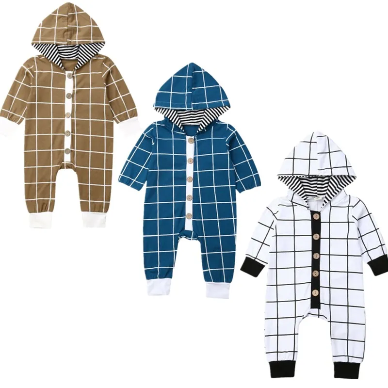 

New Baby Boy Plaid Clothes Long Sleeve Hooded Romper Jumpsuit Outfits