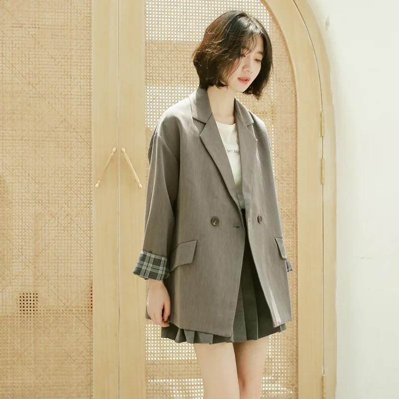 

Autumn And Winter Korean-style INS Online Celebrity-Loose-Fit BF Retro Suit Collar And Cuff Plaid Double Breasted Small Suit Coa
