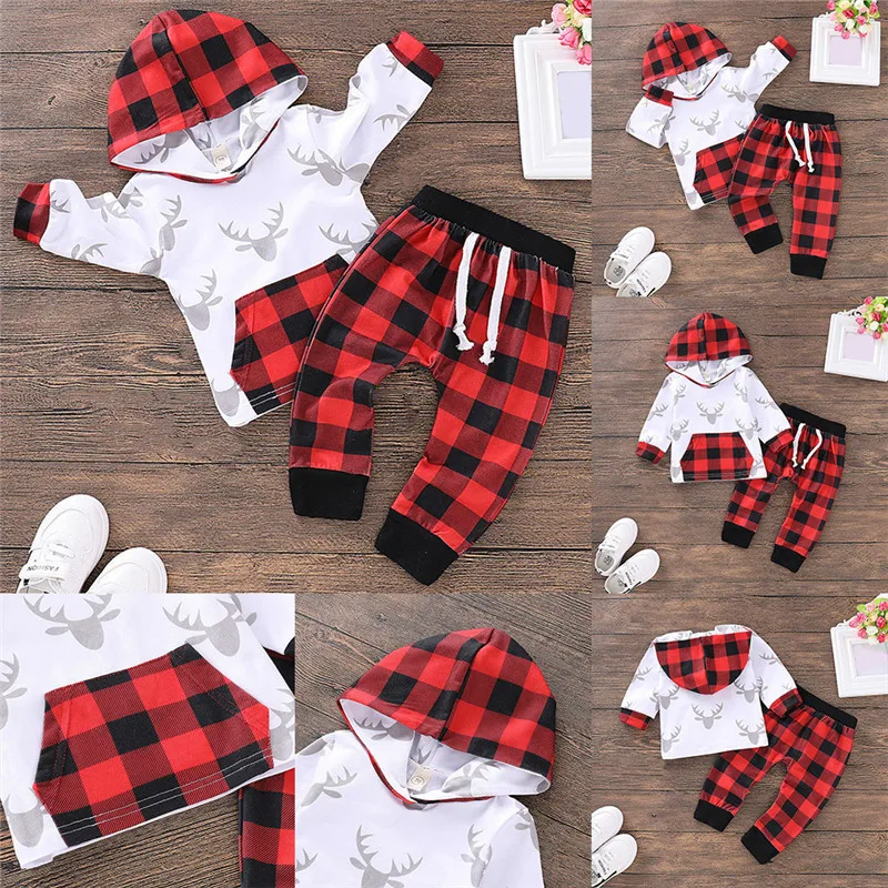 Одежда для новорожденных мальчиков Комплекты для малышей модные толстовки с капюшоном для маленьких мальчиков длинные штаны комплект одежды для малышей, Рождественский костюм, D20