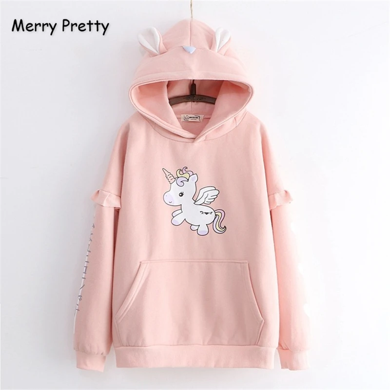 Merry Pretty, женские толстовки с капюшоном и карманами с изображением единорога из мультфильма,, зимние толстовки с длинным рукавом, плюс бархатные милые пуловеры Harajuku