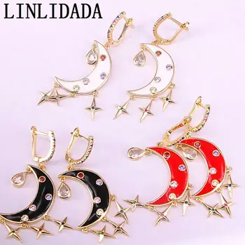 

4Pair Mix color Enamel Moon Bohemian Personality Earrings For Women CZ Micro Pave Dangle Earrings For Women Lady