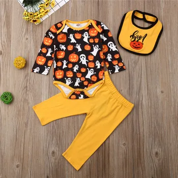 

2019 Halloween Costume Set Baby Girl Clothes Baby Boy Clothing 3-piece Ghost Spirit Pumpkin Romper Tops Long Pants Clothes Set