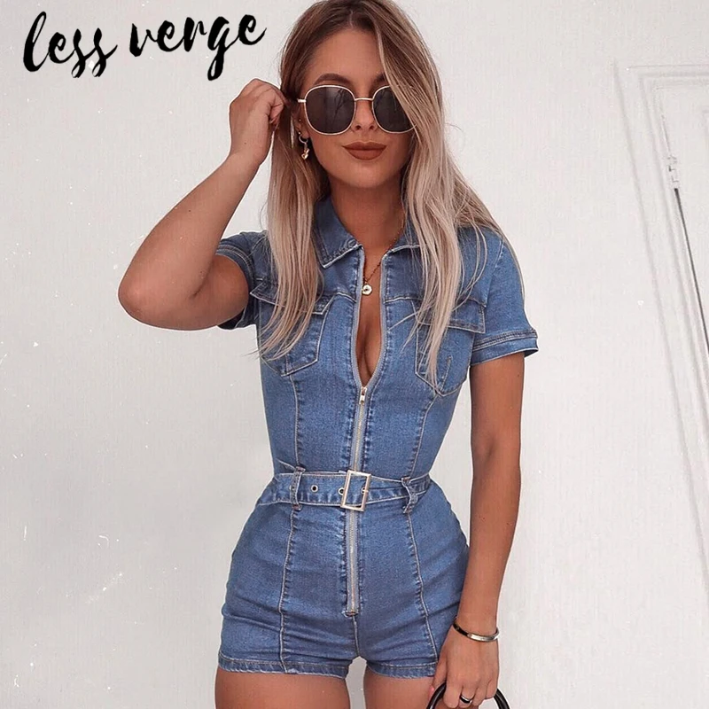 Lessverge джинсовый комбинезон сексуальный облегающий короткий комбинезон женский синий джинсовый летний повседневный комбинезон с ремнем и карманами комбинезоны с поясами комбинезон