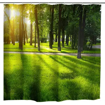 

Nature Shower Curtain Fabric,Green Tree Woodland Landscape Garden Sunrise Art Print,Polyester Waterproof Fabric Bathroom Bath