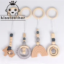 Kissteether – anneau de dentition en fil de coton, 4 pièces, poussette en bois, Clip de sucette chaîne Mobile hochet, jouets bébé lit cloche autour cadeau