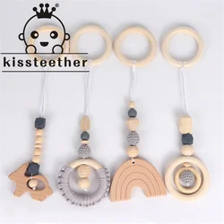 Kissteether – anneau de dentition en fil de coton, 4 pièces, poussette en bois, Clip de sucette chaîne Mobile hochet, jouets bébé lit cloche autour cadeau 