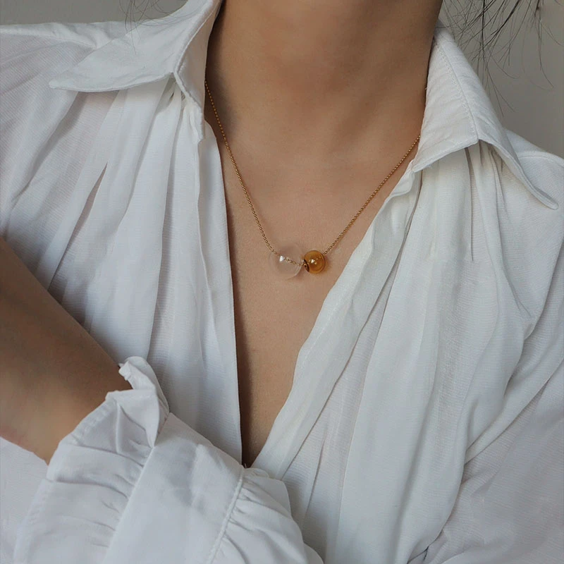 Stainless Steel Hand Blown Glass Ball Short Necklace For Women 2022 Fashion Trend Unique Yellow