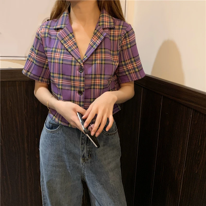 ladies white shirt Korean style crop top womens tops ladies plaid shirts women button up shirts short sleeve blouses women plaid tops kawaii women's shirts & tops