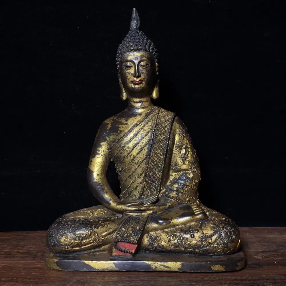 

10"Tibet Buddhism Temple Old Bronze Gilt Cinnabars Shakyamuni Buddha Statue Thai Buddha Statue Amitabha Enshrine the Buddha