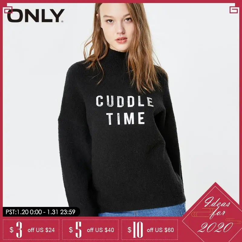 

ONLY Women Loose Fit Letter Pattern Low-high Mock Neck Sweater | 119313530